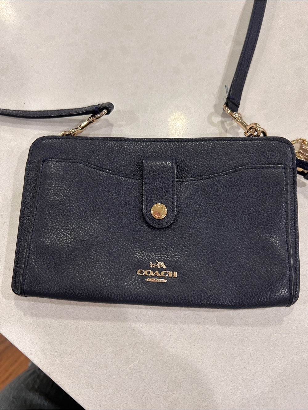 Coach Navy Pebbled Leather Crossbody Wallet with Gold Hardware